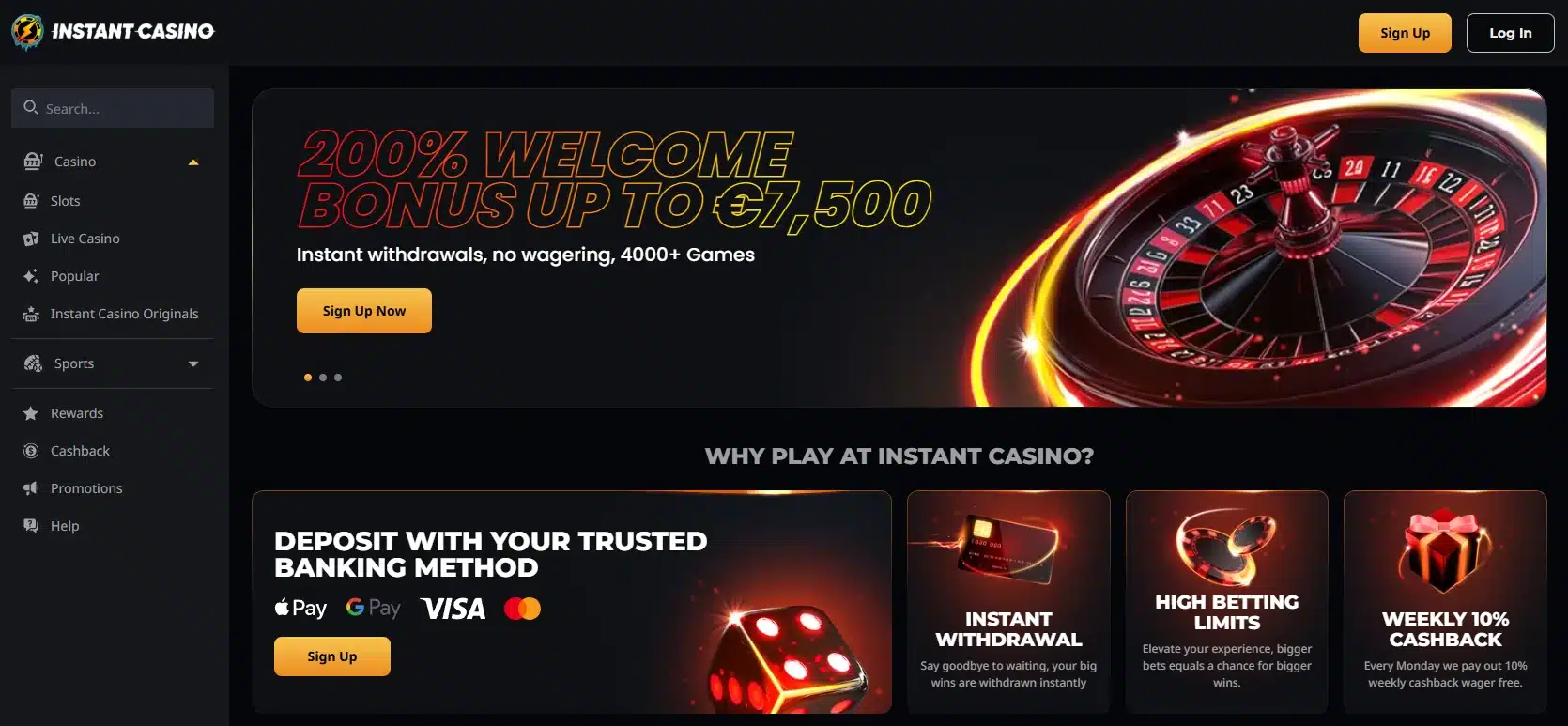 Instant Casino frontpage with banner showcasing their 200% welcome bonus
