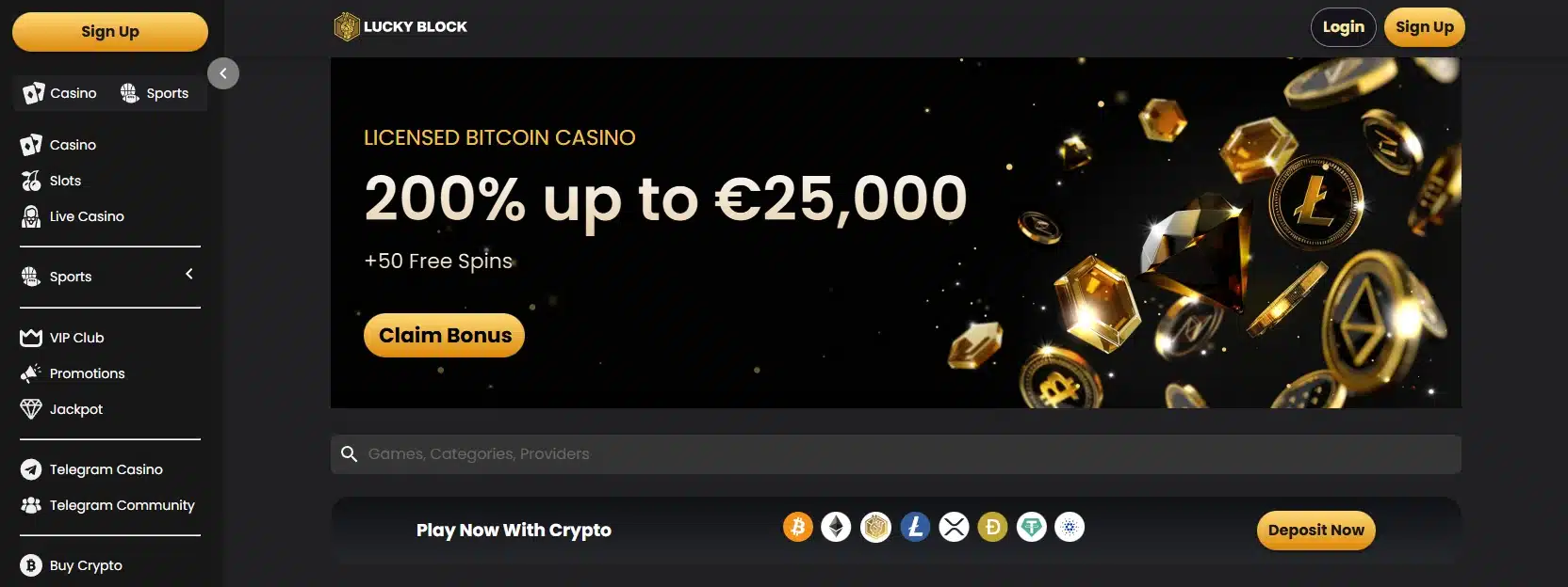 Lucky Block frontpage with a menu on the left and a banner showing their welcome bonus